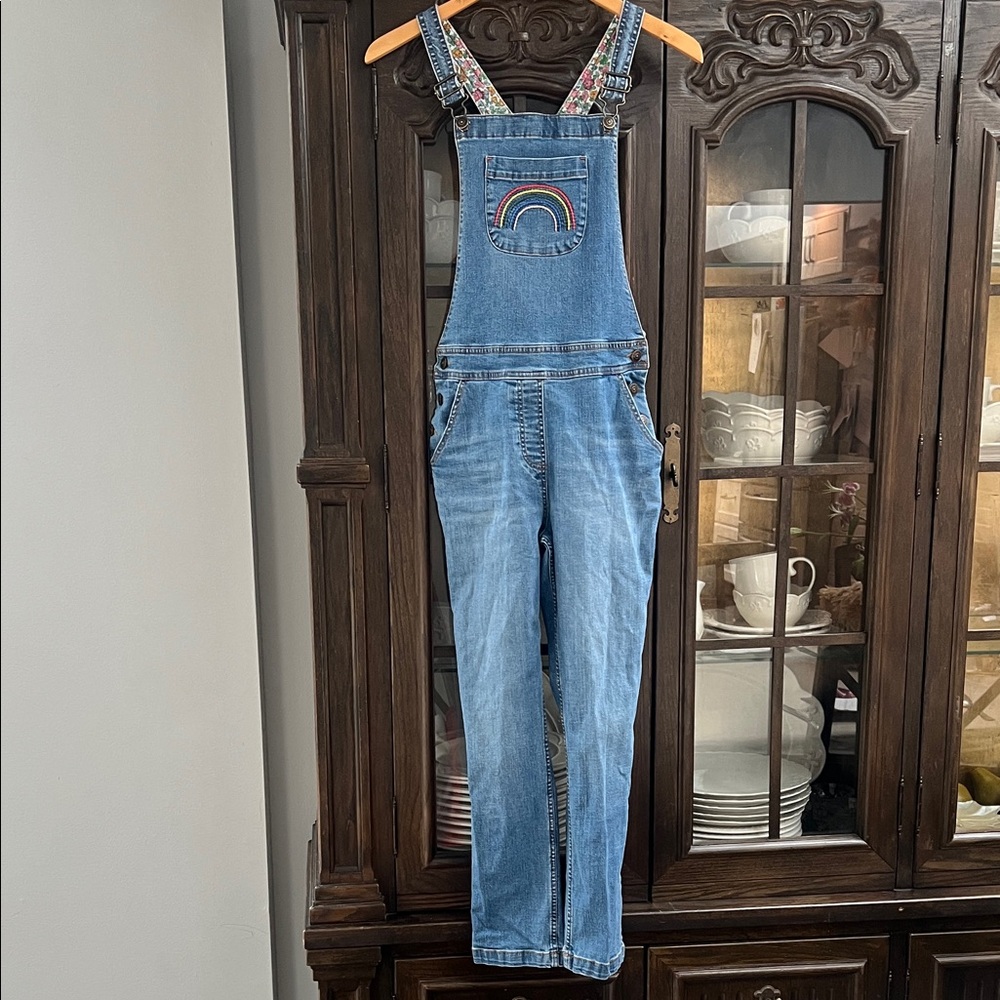 Mini Biden Blue  Denim Overalls with Rainbow Embroidery